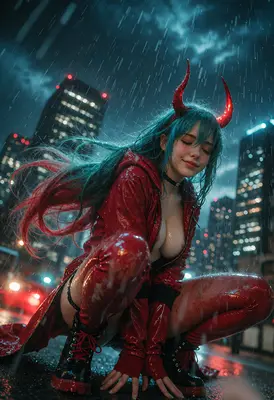Demon Girl Crouching in City Rain