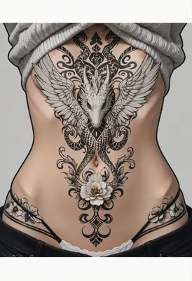 Intricate Dragon and Floral Stomach Tattoo