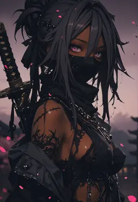 Stealthy Warrior in Black Sakura Rain