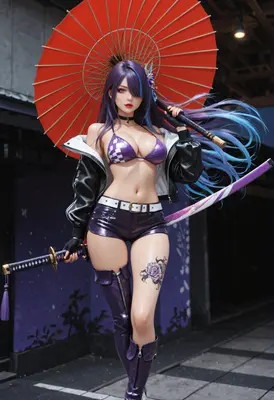 Purple Hair Warrior with Red Umbrella
