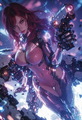 Cybernetic Warrior with Glowing Plasma Pistol