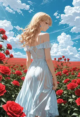 Blonde Maiden in a Rose Garden