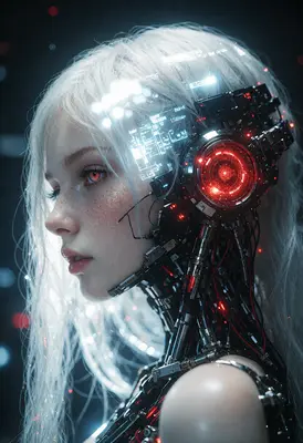 Cybernetic Maiden with Glowing Red Eye