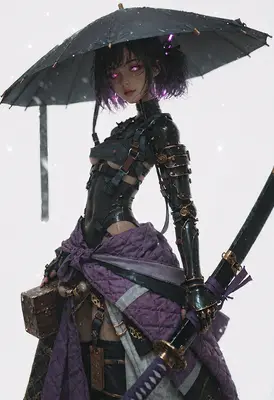 Cyberpunk Ronin Under a Rainy Umbrella