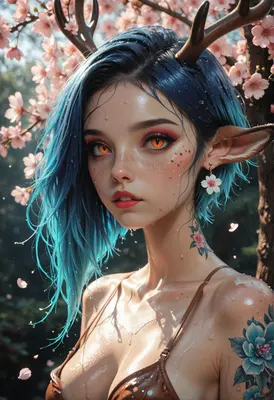 Ethereal Fawn Girl Under Cherry Blossoms
