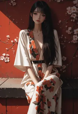 Elegant Beauty Beside Red Sakura Wall