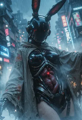 Cybernetic Rabbit in Rainy City