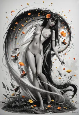 Monochrome Muse with Orange Blooms