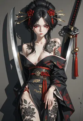 Tattooed Samurai Woman with Dual Katanas