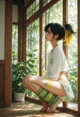 Girl Crouching by the Sunlit Window