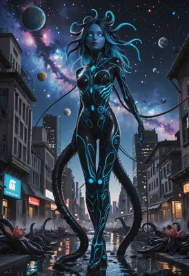 Cosmic Entity Walking Through City Streets