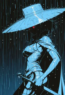 Shadowy Warrior in the Blue Rain