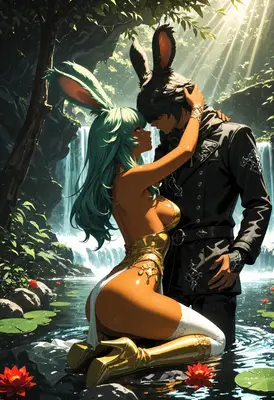 Intimate Moment by the Forest Waterfall