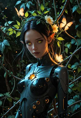 Cyborg Elf Amidst Glowing Nature