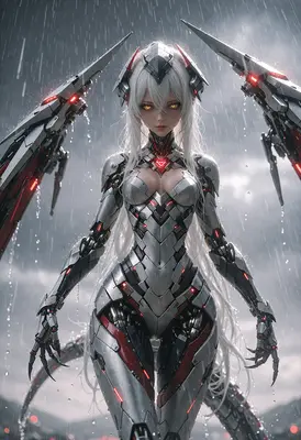 Cyborg Warrior Standing in the Rain