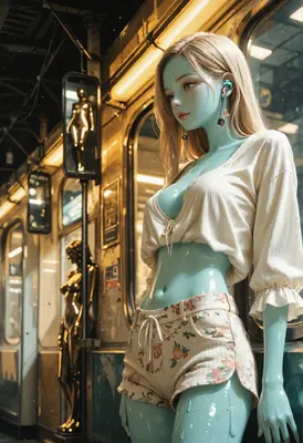 Blue Mannequin on a Golden Train