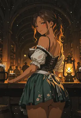 Tavern Barmaid Under Warm Lantern Light