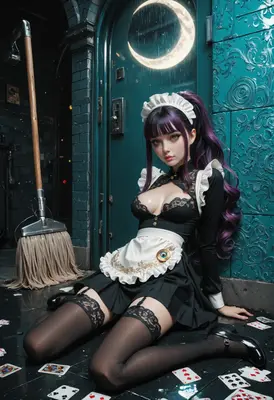 Mystical Maid Amidst Scattered Cards