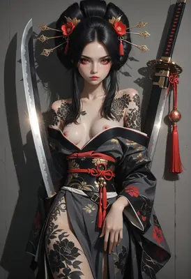 Tattooed Geisha with Dual Katana Blades
