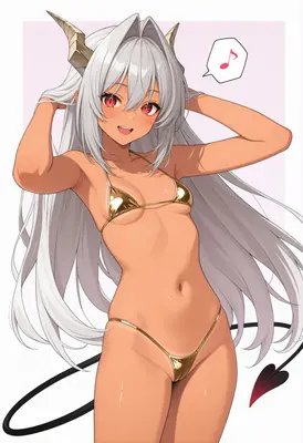 Cheerful Demon Girl in Gold Bikini