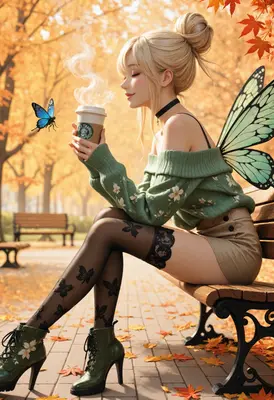 Autumn Fairy Enjoying Warm Coffee