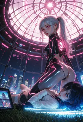 Cybernetic Guardian Under Neon Skies