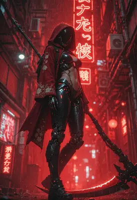 Cybernetic Reaper in Neon Rain