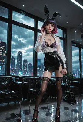 Wet Bunny Girl in Rainy Office