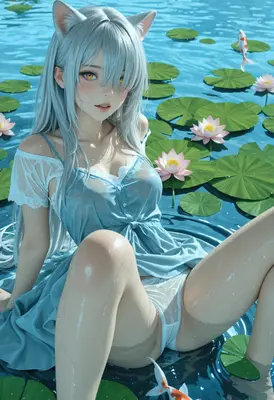 Serene Cat Girl in Lotus Pond
