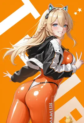 Cheerful Cybernetic Girl in Orange Bodysuit