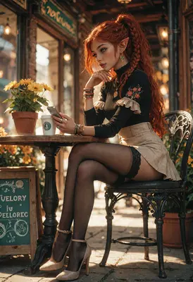 Redheaded Elf at a Sidewalk Cafe