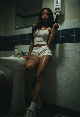 Armed Woman in Gritty Bathroom