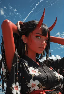 Red Oni Girl in Floral Kimono