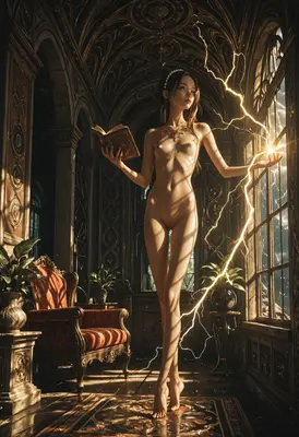 Sorceress Conjuring Lightning in Ancient Library