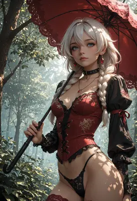 Gothic Beauty with a Red Parasol