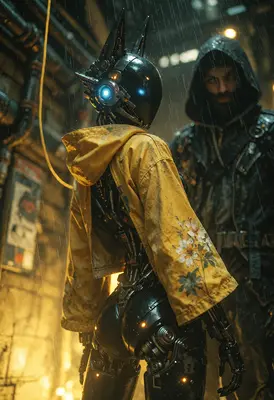 Cybernetic Encounter in the Rainy Alley