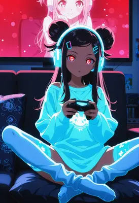 Gamer Girl Relaxing with Neon Headphones