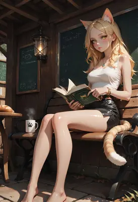 Cat Girl Reading in Cozy Cafe