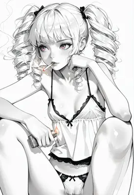 Pensive Girl with Twin Tails Smoking