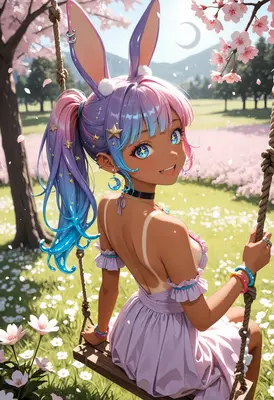 Bunny Girl Swinging Under Cherry Blossoms