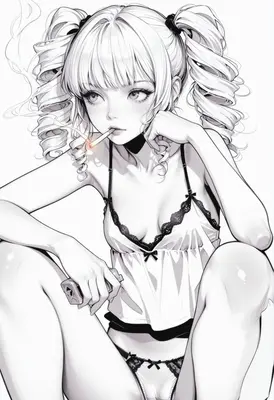 Pensive Girl in Lingerie Smoking