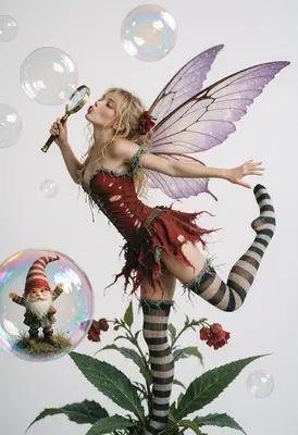 Fairy Blowing Bubbles with a Gnome