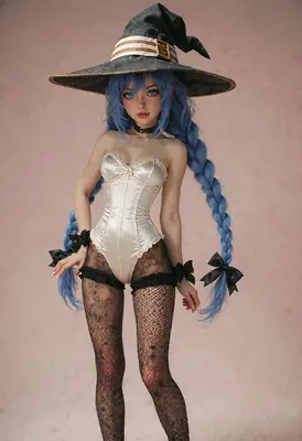 Blue Haired Witch in Satin Corset