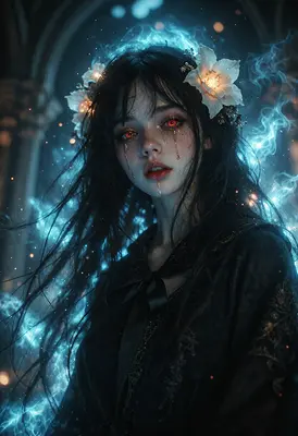 Crying Girl with Glowing Red Eyes