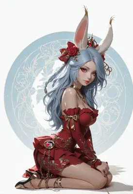 Elegant Rabbit Girl in Crimson Dress
