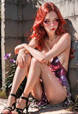 Radiant Redhead in Metallic Purple Dress