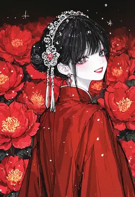 Elegant Maiden Amidst Blooming Red Peonies