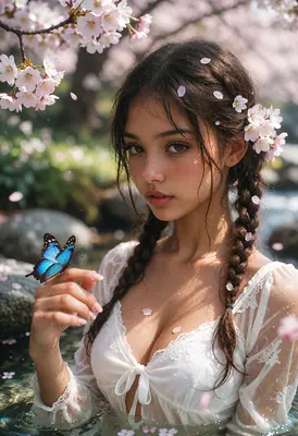 Girl with Butterfly in Cherry Blossoms