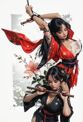 Dual Harmony of Floral Kimono Dancers