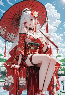 Elegant Maiden With Red Umbrella